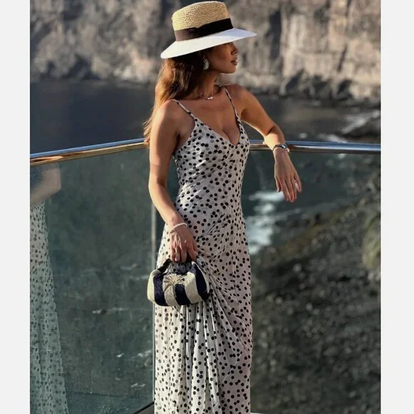 Zara Black and White Ecru Polka Dot Maxi Dress 5039/226 L NWT - Picture 7 of 16